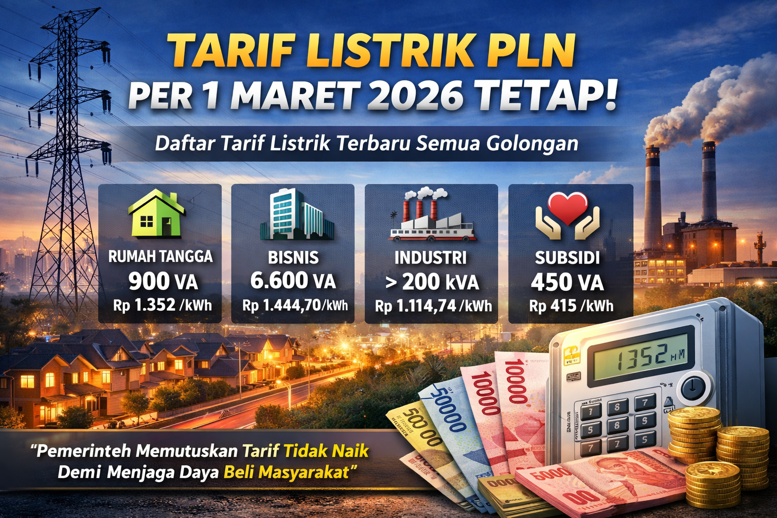 Resmi! Tarif listrik PLN tidak naik Maret 2026. Simak penjelasan pemerintah, daftar tarif terbaru semua golongan, dan alasan tarif tidak mengalami penyesuaian.