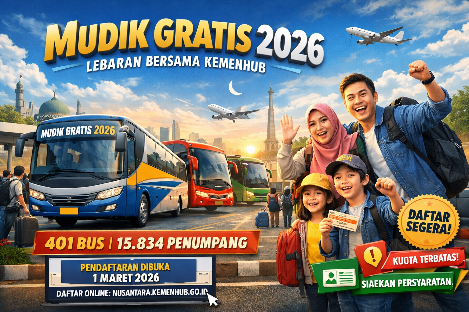 Resmi! Pendaftaran Mudik Gratis 2026 dibuka 1 Maret. Akses nusantara.kemenhub.go.id dan amankan kursi Anda sebelum kuota 401 bus terpenuhi.