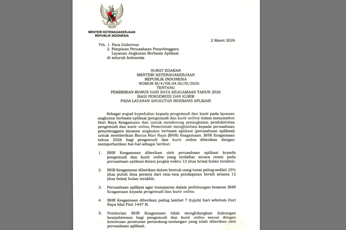 Menaker Yassierli Terbitkan Surat Edaran Pemberian Bonus Hari Raya 2026 bagi Pengemudi dan Kurir Online, Berikut Link Download PDFnya 