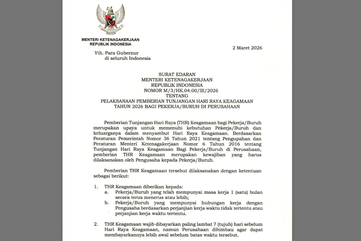 Menaker Yassierli Terbitkan Surat Edaran THR Keagamaan 2026, THR Pegawai Swasta Harus Dibayar Penuh, Tidak Boleh Dicicil, Berikut Link Download PDFnya