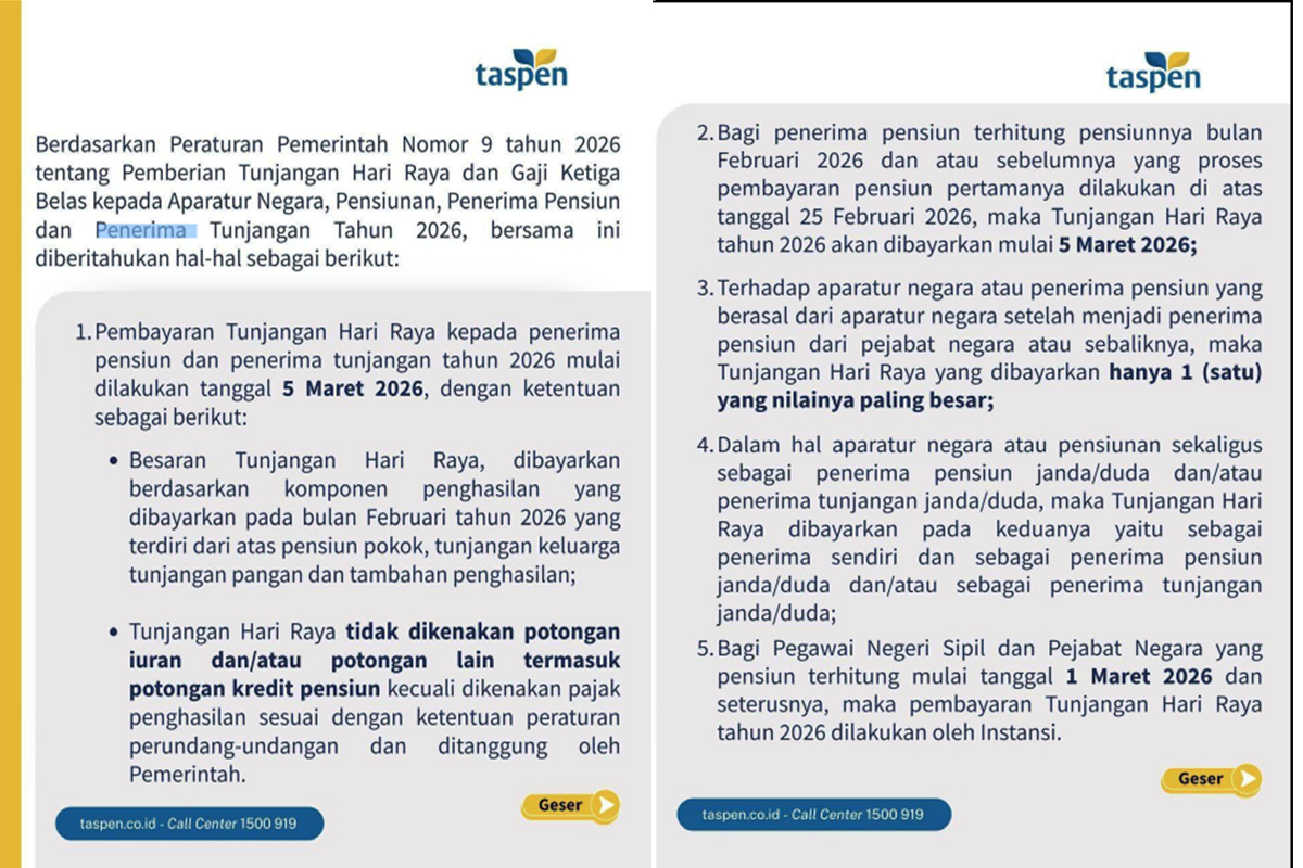 THR Pensiunan ASN, TNI dan Polri Cair Hari Ini, Taspen Mulai Salurkan THR 2026 