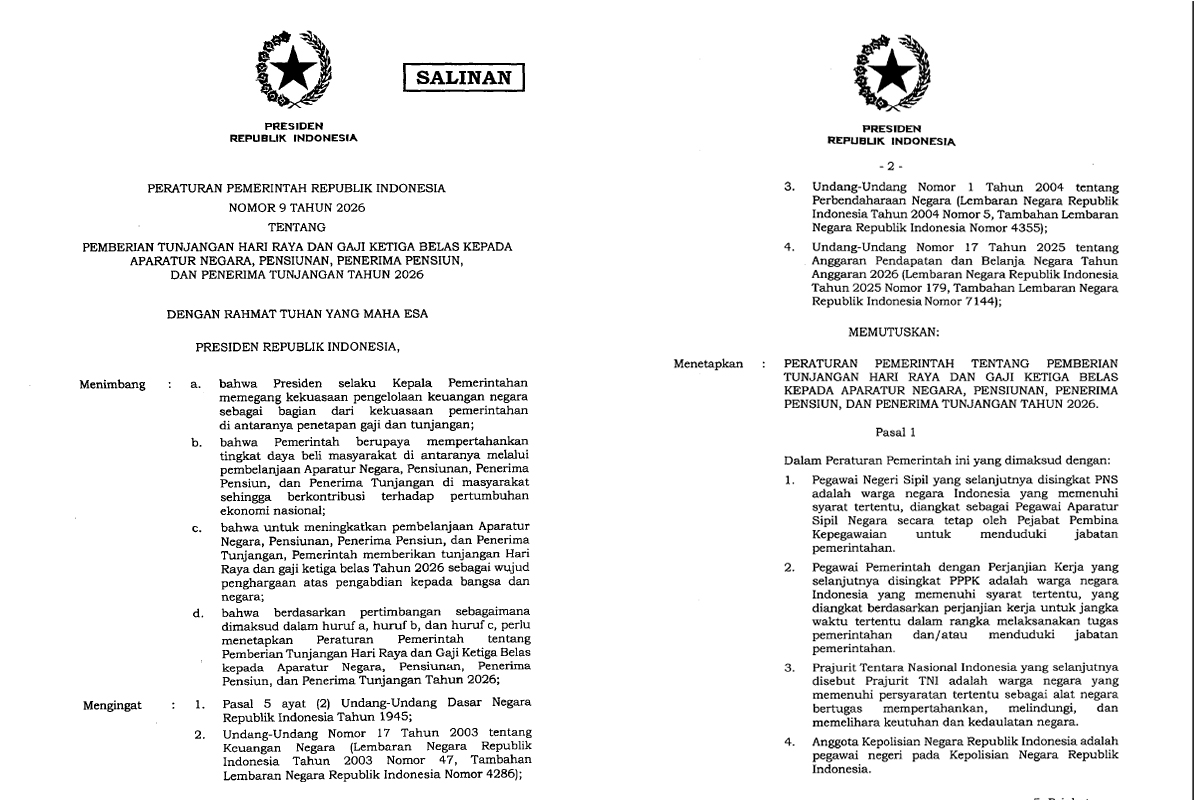 PP Nomor 9 Tahun 2026 Sudah Terbi: Jadwal, Besaran THR dan Gaji Ke 13 ASN, TNI, Polri, Pensiunan, Penerima&nbsp;Pensiun, Serta Penerima Tunjangan