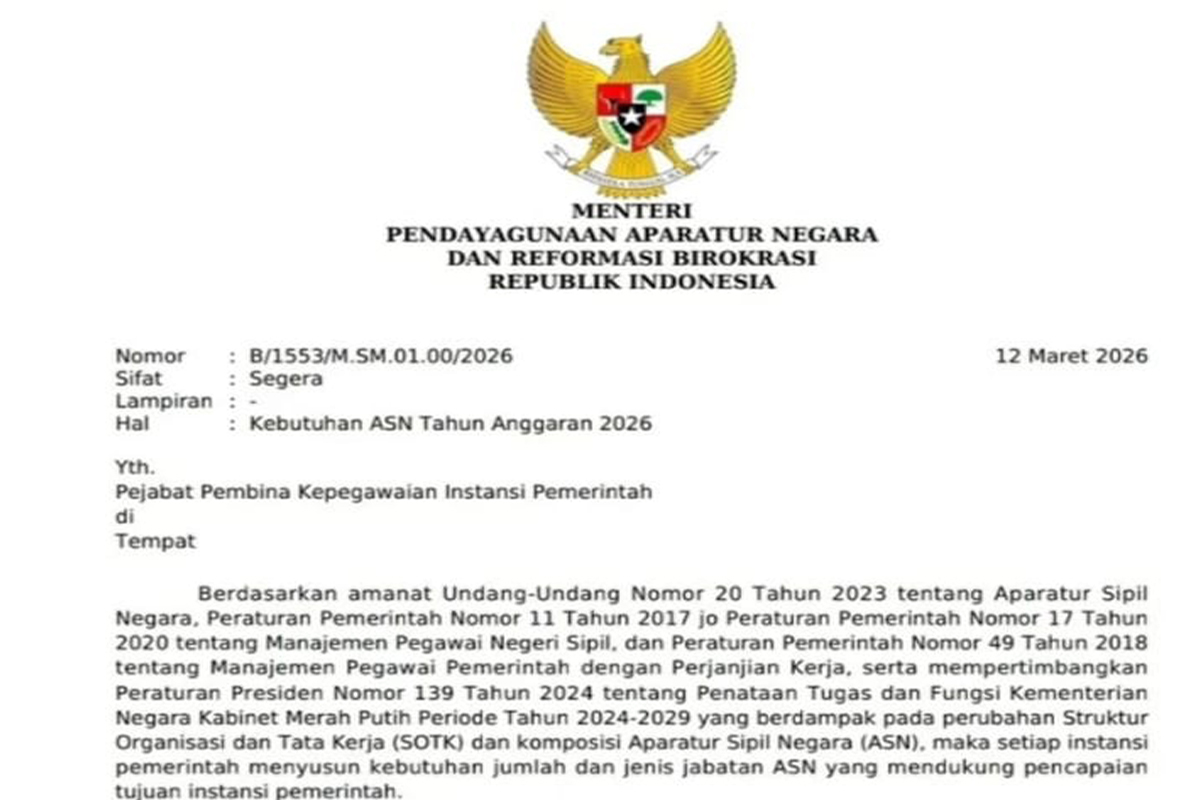 Surat MenpanRB Terbit, Persiapan Rekrutmen CPNS 2026 dan PPPK ASN 
