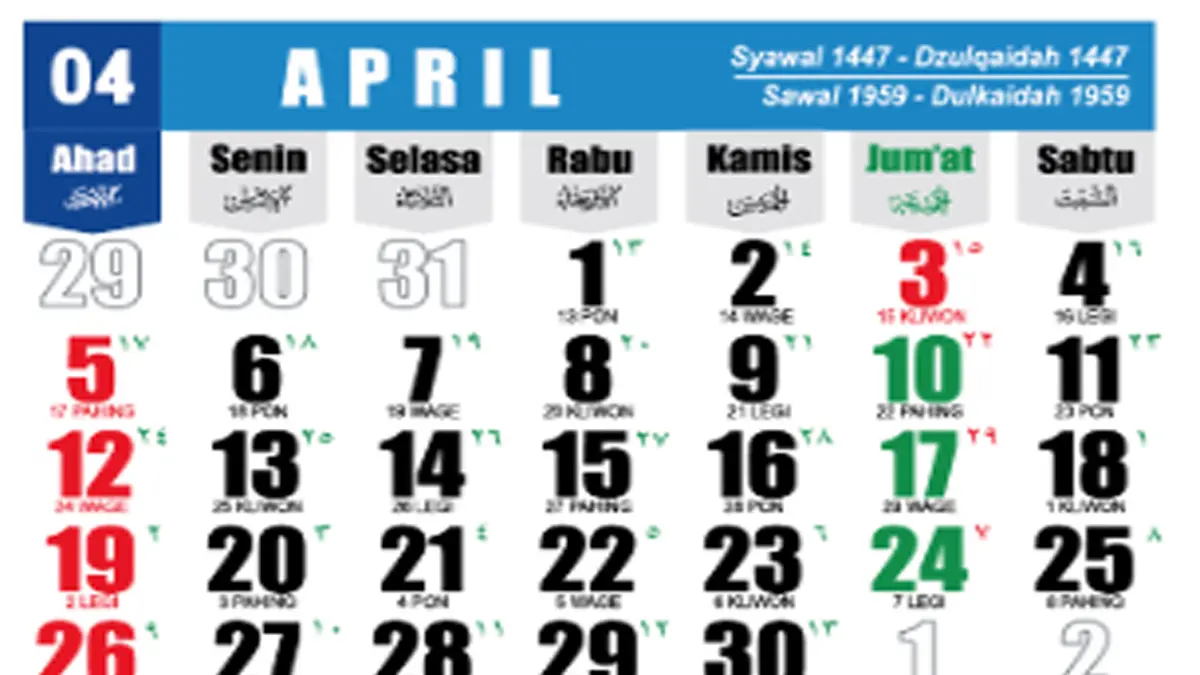 Kalender April 2026 Terbaru.