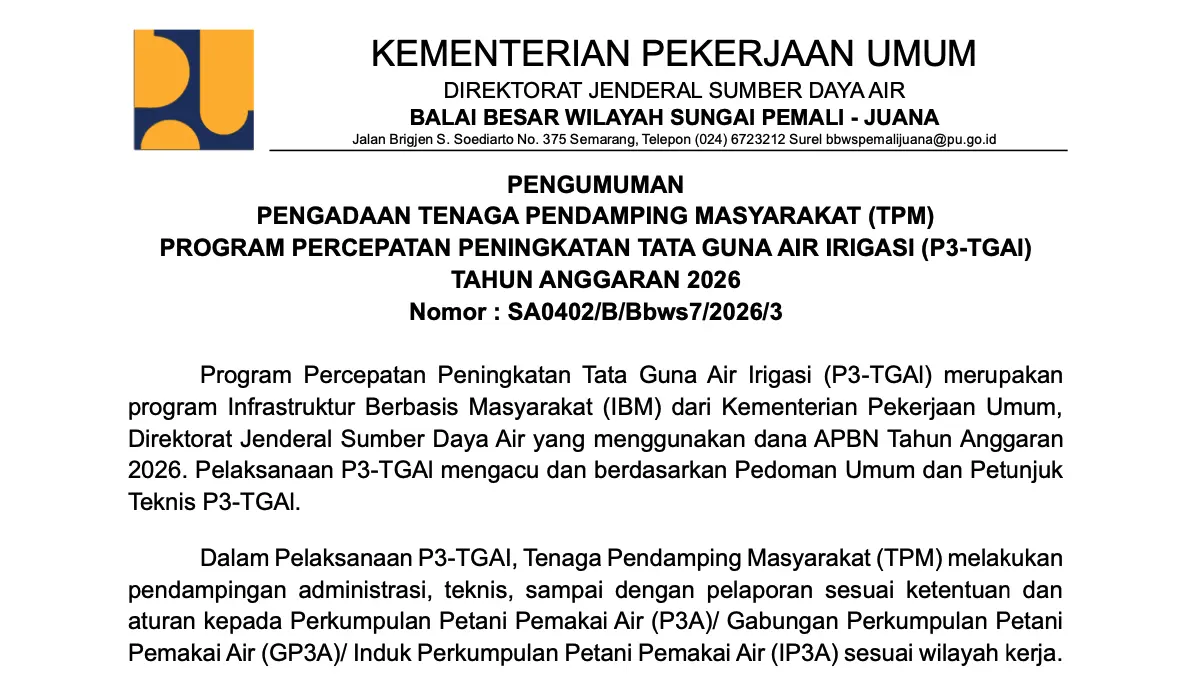 Lowongan Kerja Kementerian Pekerjaan Umum 2026 Dibuka: TPM P3TGAI di BBWS Pemali Juana Semarang, Pendidikan Minimal SMK, Ini Syarat, Jadwal Seleksi, Cara Daftar
