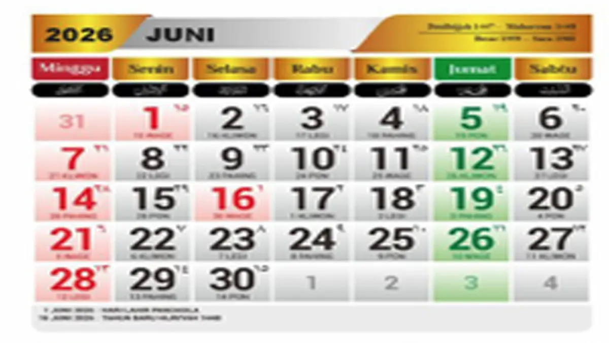 Kalender Juni 2026, 6 Tanggal Merah dan Libur Panjang Bersiap Wisata
