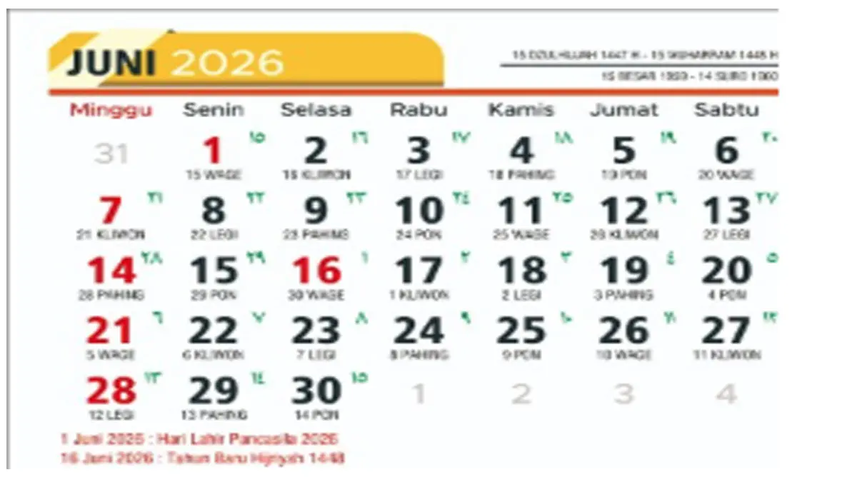 Kalender Juni 2026: 11 Tanggal Merah, Hari Libur Nasional, Libur Akhir Pekan dan Libur Panjang
