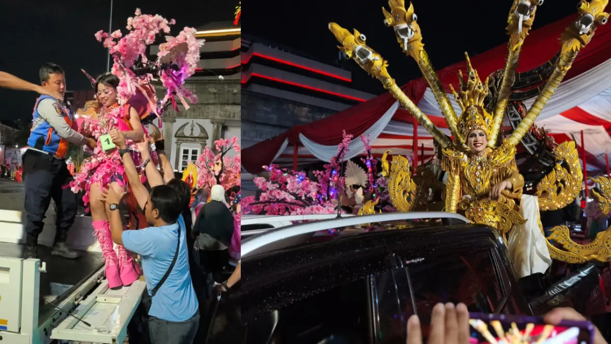 Peserta Semarang Night Carnival (SNC) 2026 diangkut pakai kendaraan terbuka dari Balaikota Semarang ke Simpang Lima Semarang, Sabtu (2/5/2026) malam. IDA FADILAH/JAWA POS RADAR SEMARANG&nbsp;