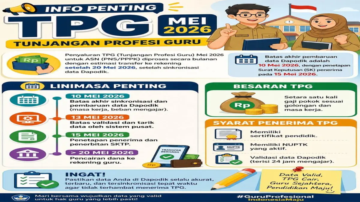 Info terbaru TPG Mei 2026: jadwal pencairan, besaran tunjangan, serta syarat penting agar dana cepat masuk rekening.