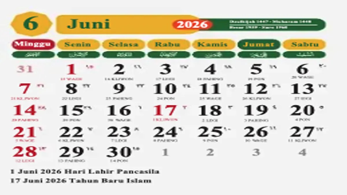 Kalender Juni 2026 Lengkap: Cek Cuti Bersama Tahun Baru Islam 1 Muharram 1448 Hijriah dan Hari Lahir Pancasila
