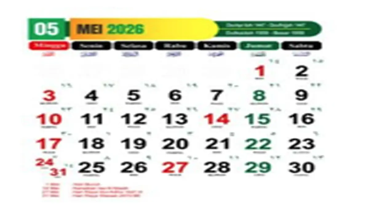 Kalender Mei 2026 Komplit: Cek Cuti Bersama Idul adha 1447 H dan Hari Raya Waisak 2570 BE Packing Liburan Wisata
