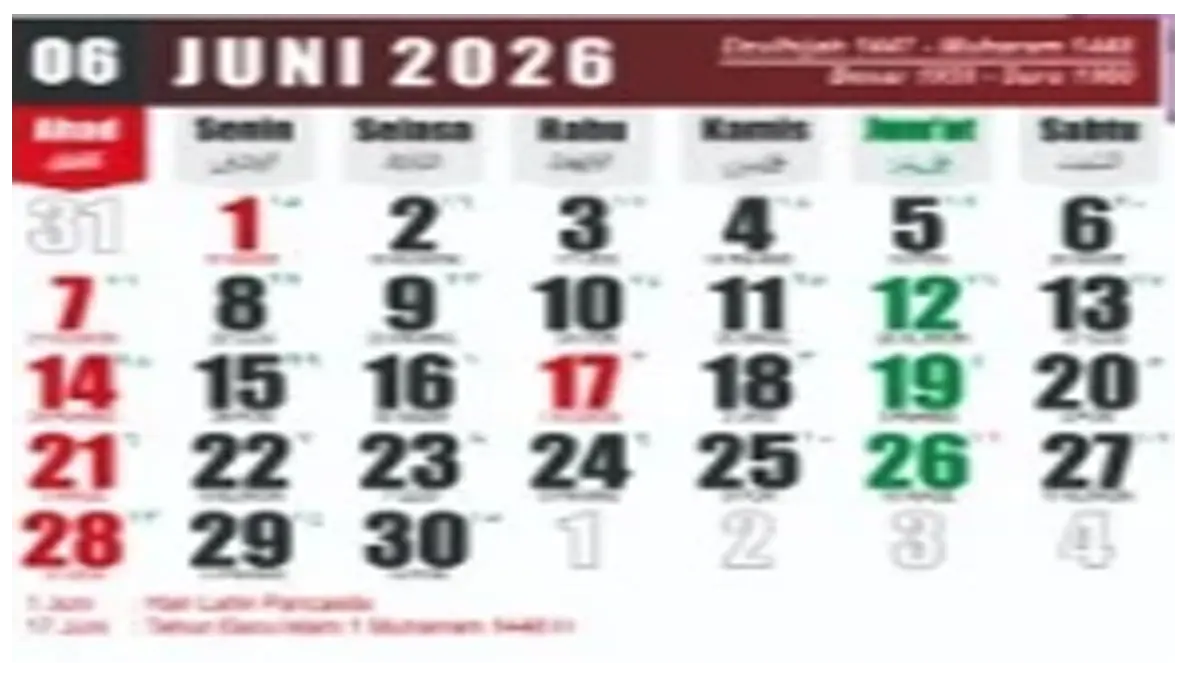 Kalender Juni 2026 Suasana Libur Hari Lahir Pancasila Ciptakan Tanggal Merah Beruntun Cocok Buat Liburan Wisata Luar Kota