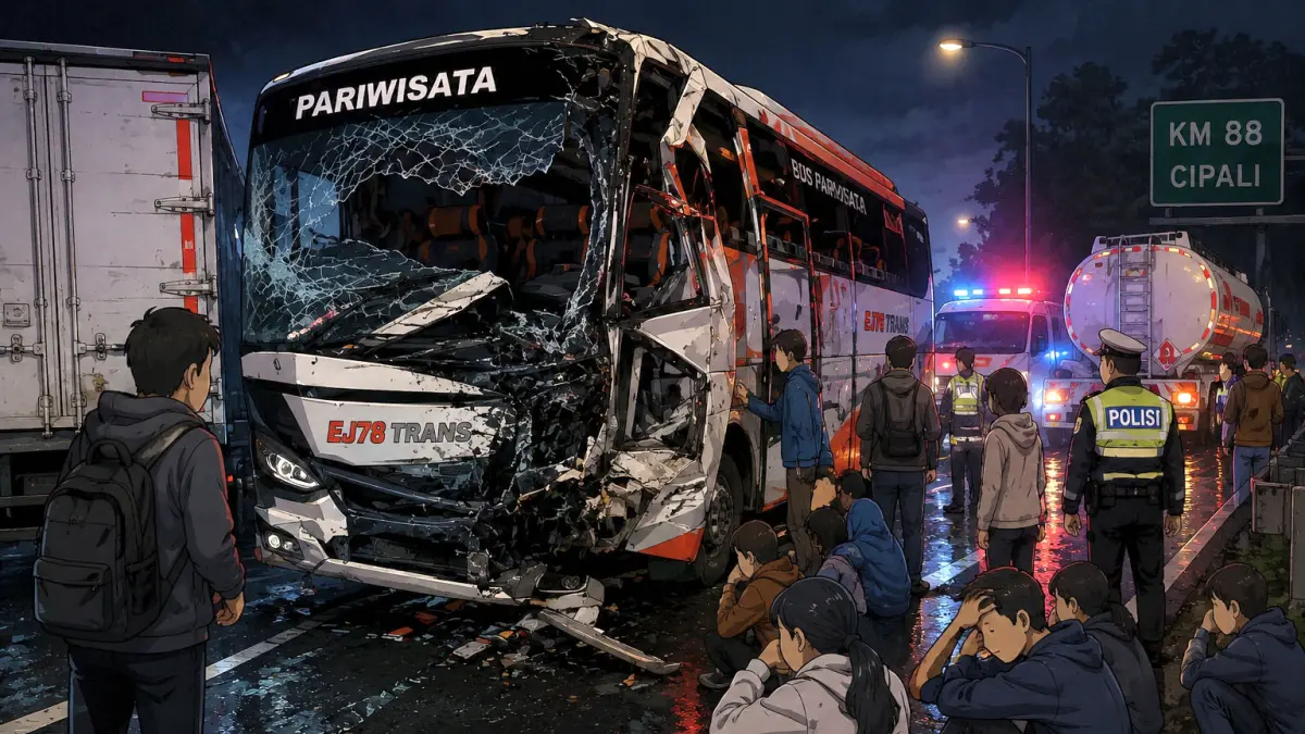 Ilustrasi kecelakaan bus rombongan SMPN 2 Brangsong di Tol Cipali KM 88, Subang, Jawa Barat, Selasa (19/5/2026) dini hari. Kecelakaan melibatkan bus pariwisata, truk boks, dan truk tangki Pertamina. Satu kernet meninggal dunia, sementara sejumlah siswa dan guru mengalami luka ringan. (Ilustrasi AI/RadarSemarang.ID)