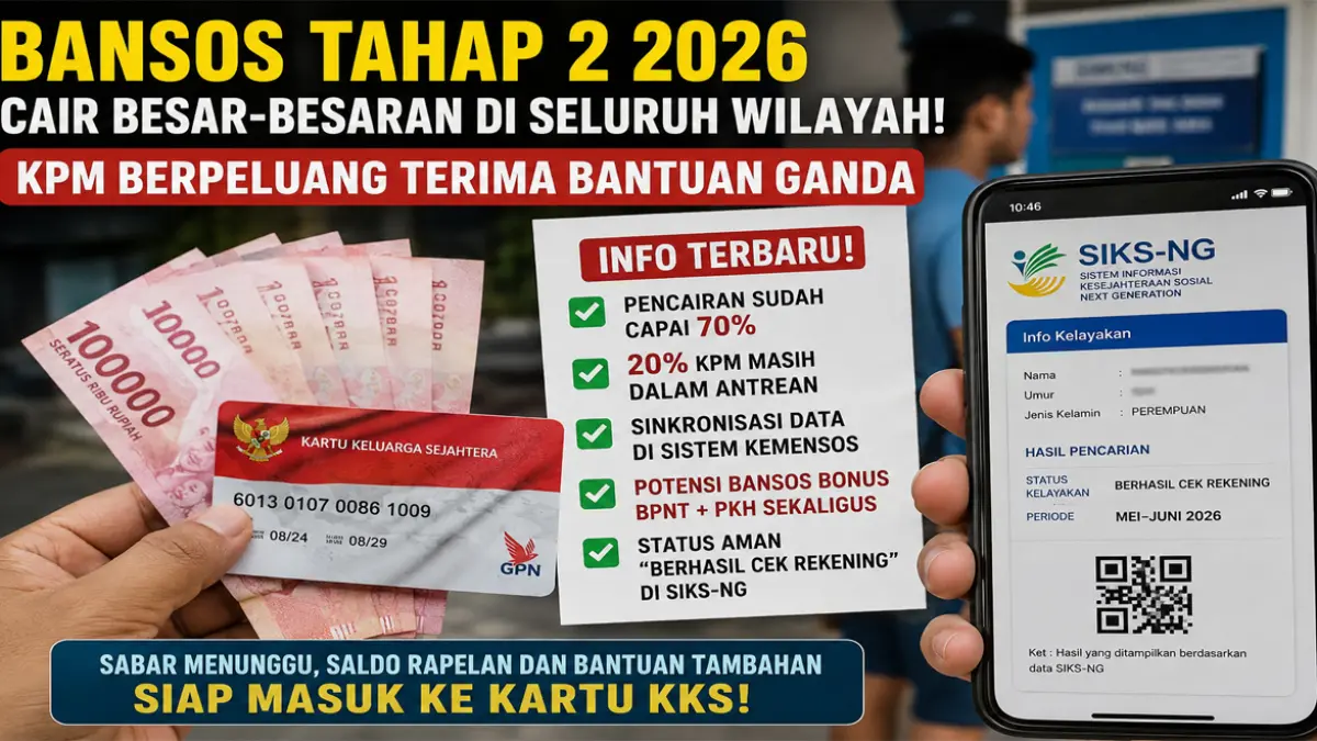 Saldo KKS belum masuk? Jangan khawatir, proses pencairan bansos BPNT dan PKH Tahap 2 tahun 2026 masih berjalan dan sejumlah KPM diprediksi mendapat bantuan ganda.