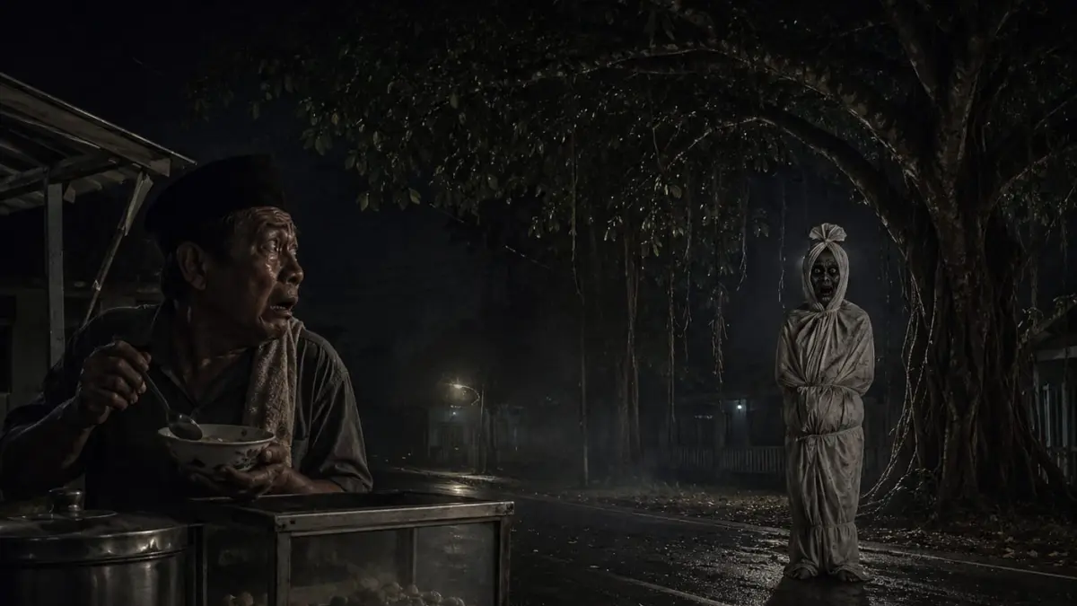 Ilustrasi : Pedagang bakso saat keliling menjajakan dagangannya, melihat sosok hantu pocong berwajah menyeramkan diseeberang jalan. (Ilustrasi:Sulistiono)