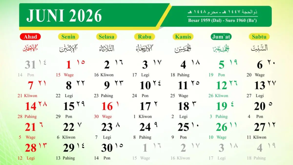 Pemerintah menetapkan 1 Juni 2026 sebagai libur nasional Hari Lahir Pancasila. Cek jadwal tanggal merah dan cuti bersama terbaru tahun 2026.