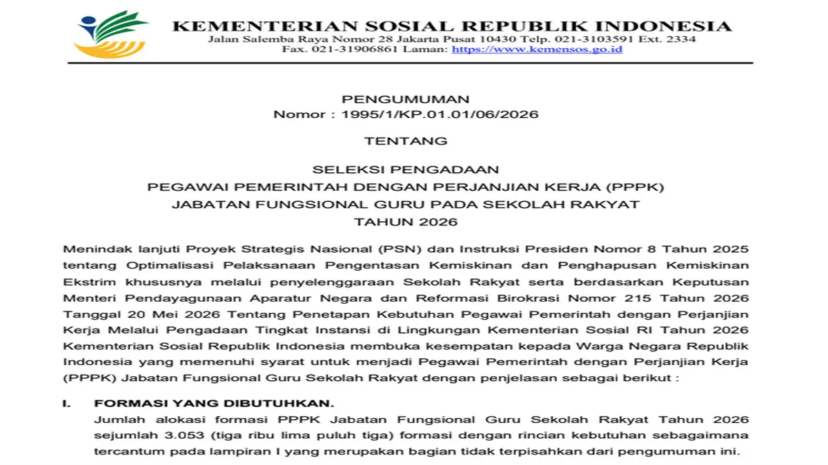 Rekrutmen ASN PPPK Guru Sekolah Rakyat 2026 Dibuka 3.053 Formasi Disediakan Kementerian Sosial