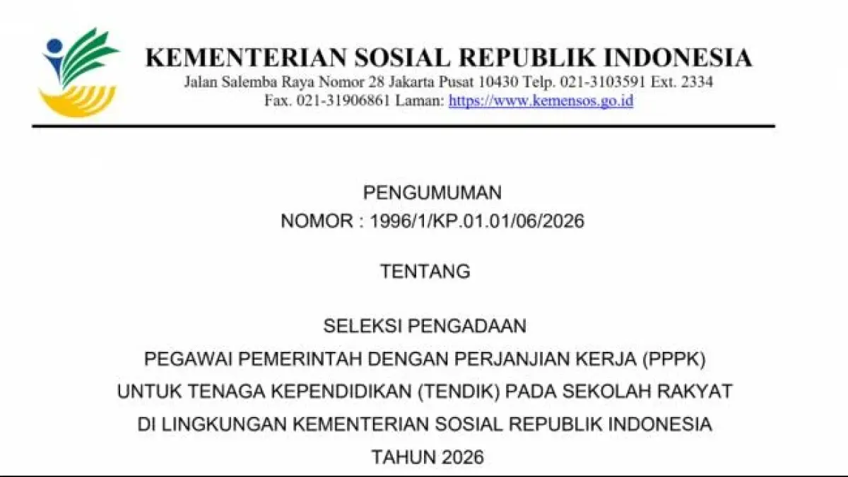 Rekrutmen PPPK Tenaga Kependidikan Sekolah Rakyat 2026 dibuka (Sumber: kemensos.go.id)
