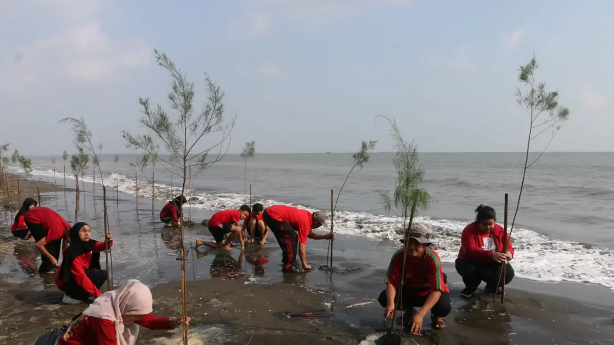 Dinas Lingkungan Hidup Jateng dan Kota Semarang serta masyarakat menanam mangrove di Pantai Tirang, Kota Semarang, Sabtu (6/6/2026).
