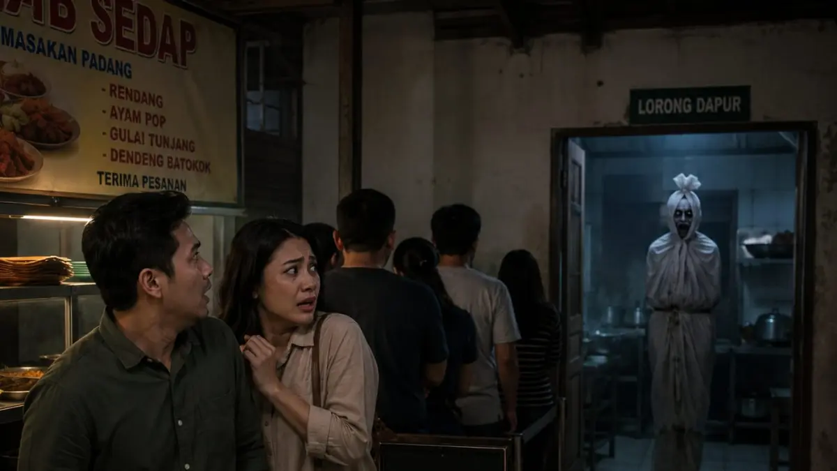 Ilustrasi :Pasangan suami istri ini ketakutan saat antre disebuah Rumah Makan, melihat penampakan hantu pocong yang diduga pesugihan, di area dapur. (Sulistiono)
