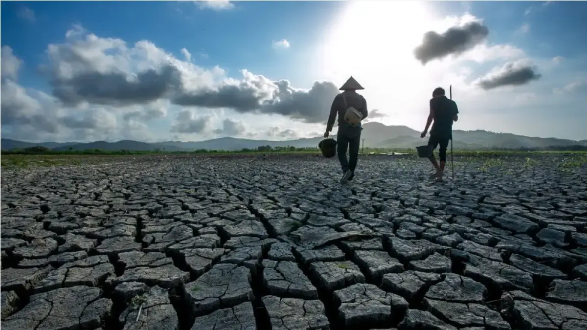 Dua petani tengah berjalan di sawah mereka yang mengering akibat dampak El Nino tahun lalu. (Jawa Pos)