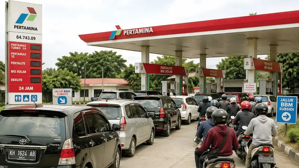 Ilustrasi : Antrean mobil dan motor di salah satu SPBU untuk mengisi BBM bersubsidi dengan menggunakan barcode my Pertamina. (Jawa Pos)