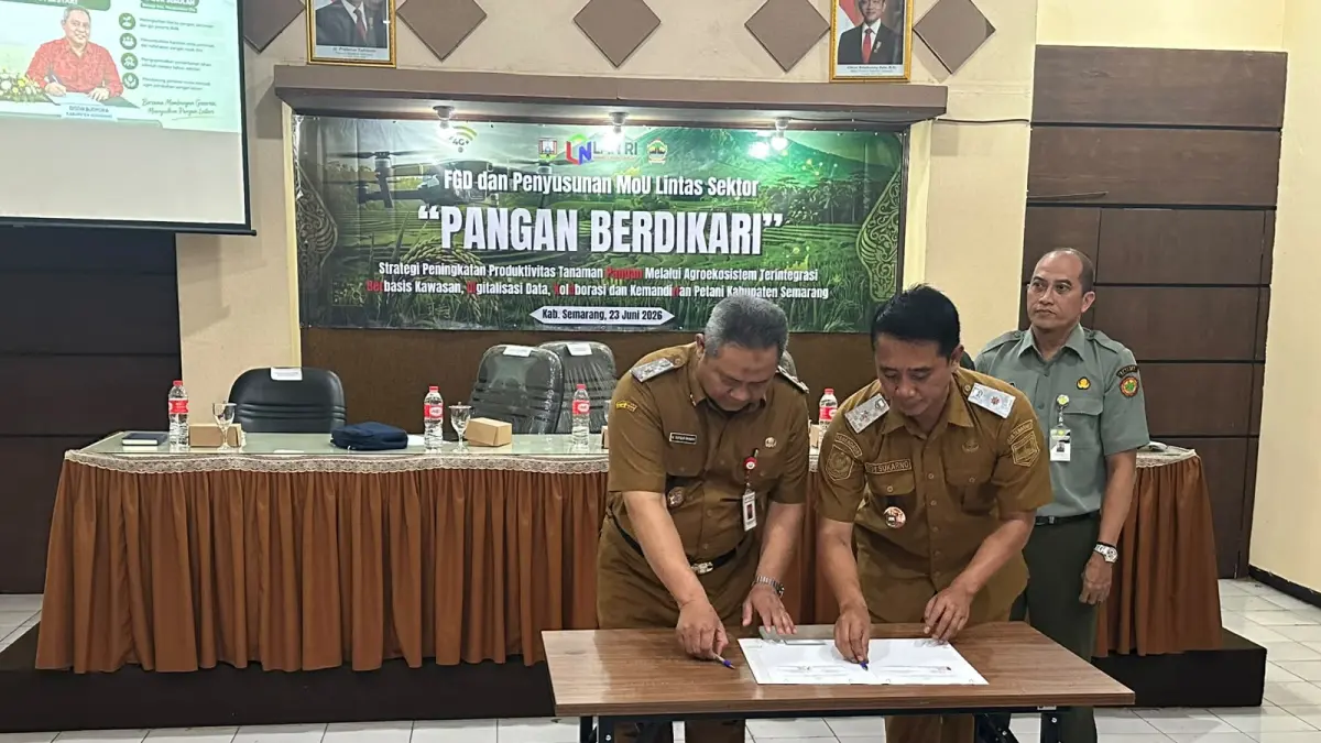 Dinas Pertanian Perikanan dan Pangan Kabupaten Semarang bekerjasama dengan Dinas Pendidikan Kebudayaan Pemuda dan Olahraga Kabupaten Semarang saat acara MoU Penyuluh Masuk Sekolah dan Pangan Lestari di Kantor Dispertanikap.