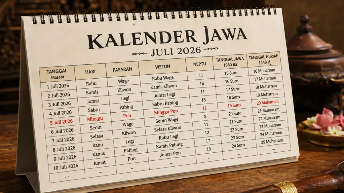 Informasi lengkap kalender Jawa Juli 2026 dengan weton dan neptu harian. Panduan penting untuk mengetahui hari baik, pasaran, dan konversi kalender Hijriah.