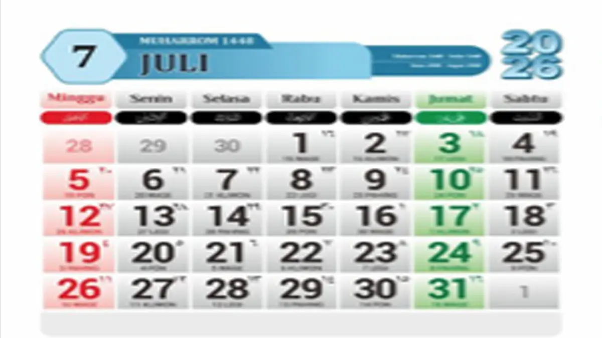 Kalender Juli 2026 Jawa Lengkap dengan Weton dan Neptu
