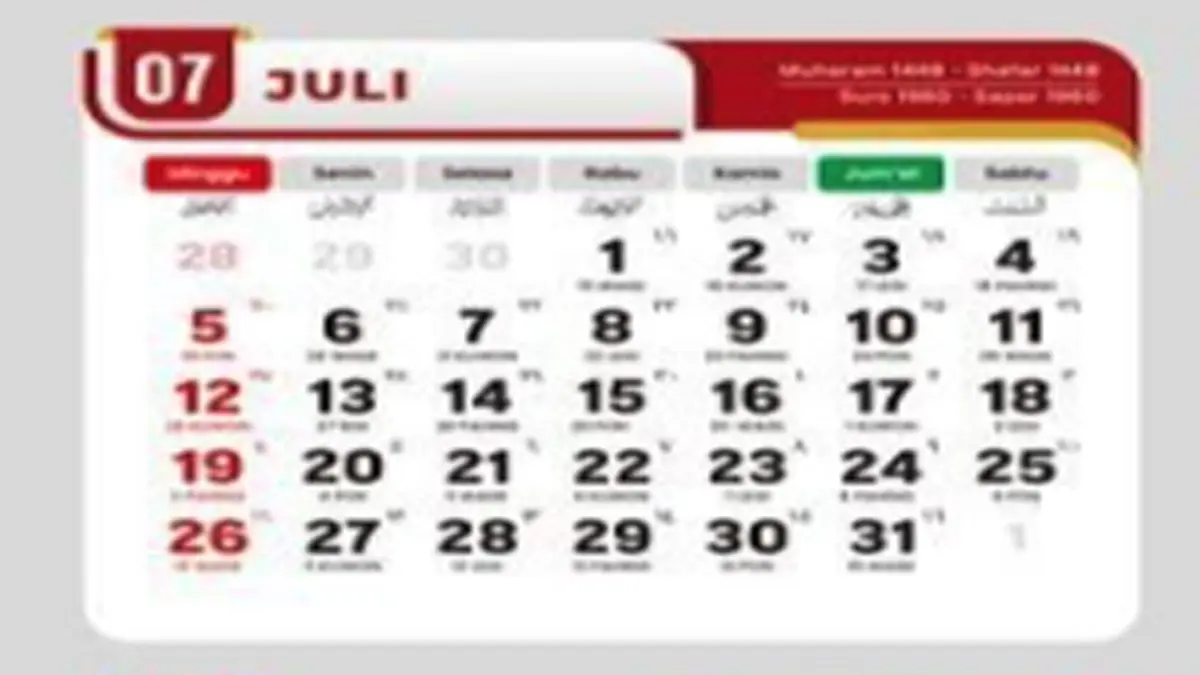 Kalender Juli 2026 Lengkap dengan Tanggal Merah dan Libur Nasional
