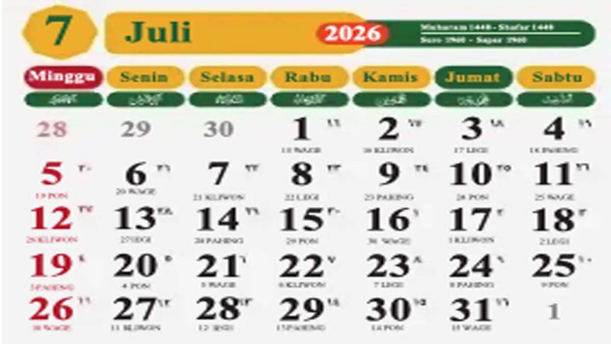 Kalender Juli 2026 Berikut Daftar Hari Besar Nasional dan Tanggal Merah
