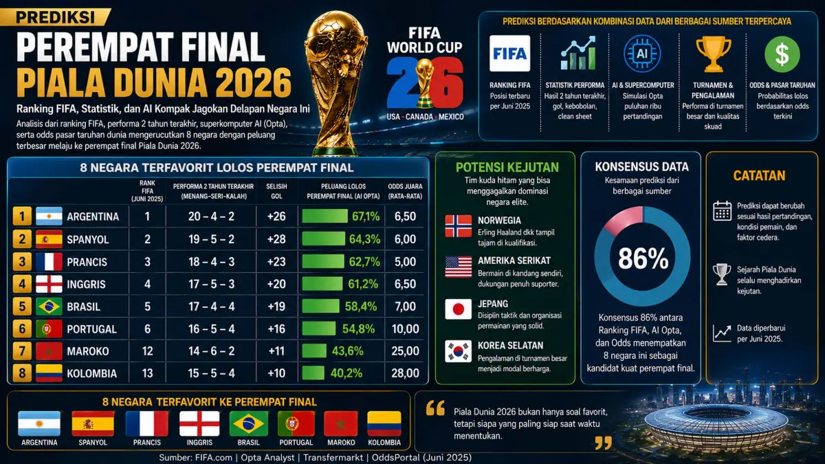 PREDIKSI: Infografis prediksi perempat final Piala Dunia 2026 berdasarkan ranking FIFA, statistik, dan AI menempatkan Argentina, Spanyol, Prancis, Inggris, Brasil, Portugal, Maroko, dan Kolombia sebagai favorit. (Infografis: AI/RadarSemarang.ID)