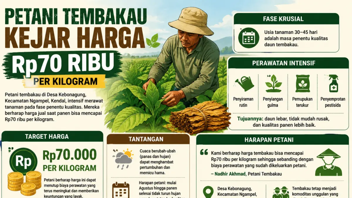 TEMBAKAU KENDAL: Petani tembakau di Ngampel, Kendal, memasuki fase krusial perawatan tanaman demi mengejar harga jual hingga Rp70 ribu per kilogram saat panen. Cuaca menjadi faktor penentu kualitas hasil panen tahun ini. (AI/RadarSemarang.ID)