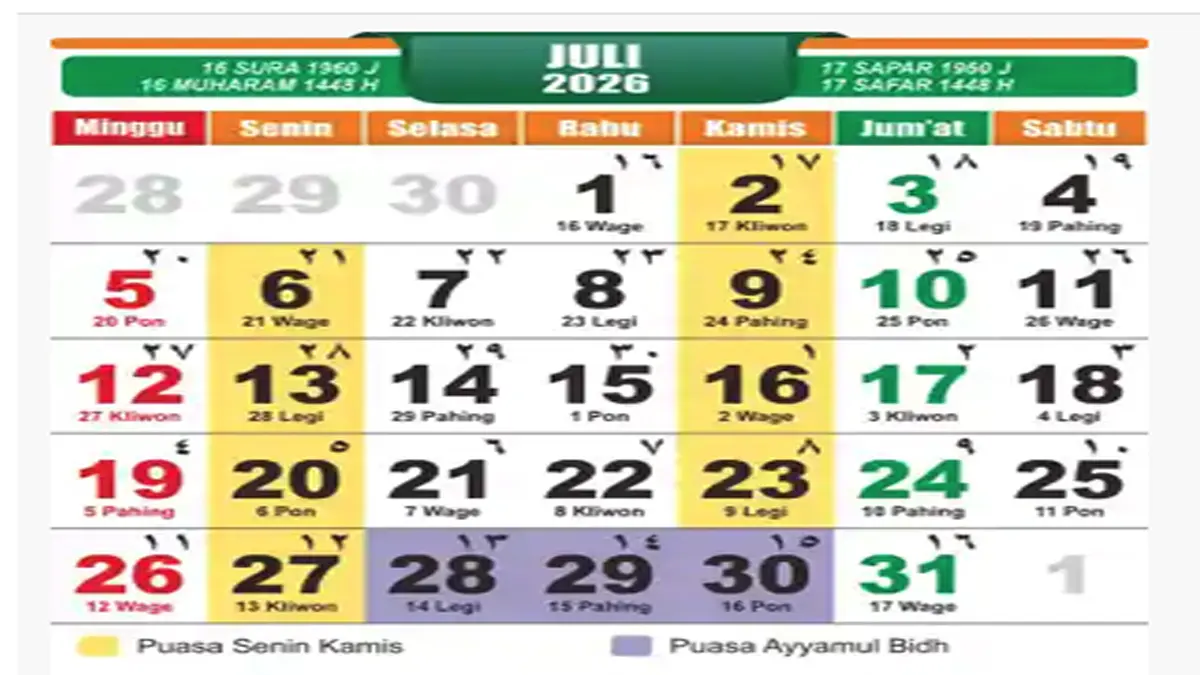 Kalender Juli 2026 Berikut Daftar Hari Internasional dan Libur Nasional

