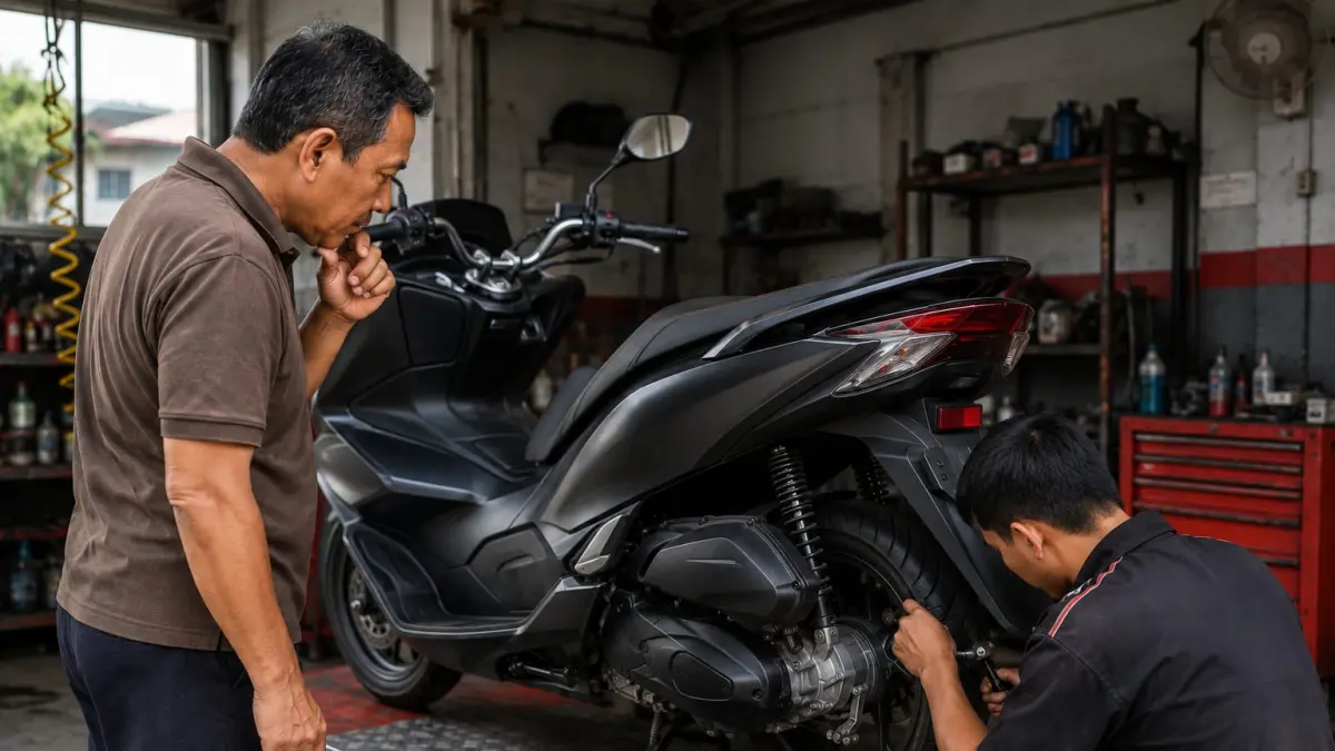 Ilustrasi :Pengguna motor Honda PCX tengah mengamati mekanik yang memperbaiki kendaraannya. (ai/Sulistiono)