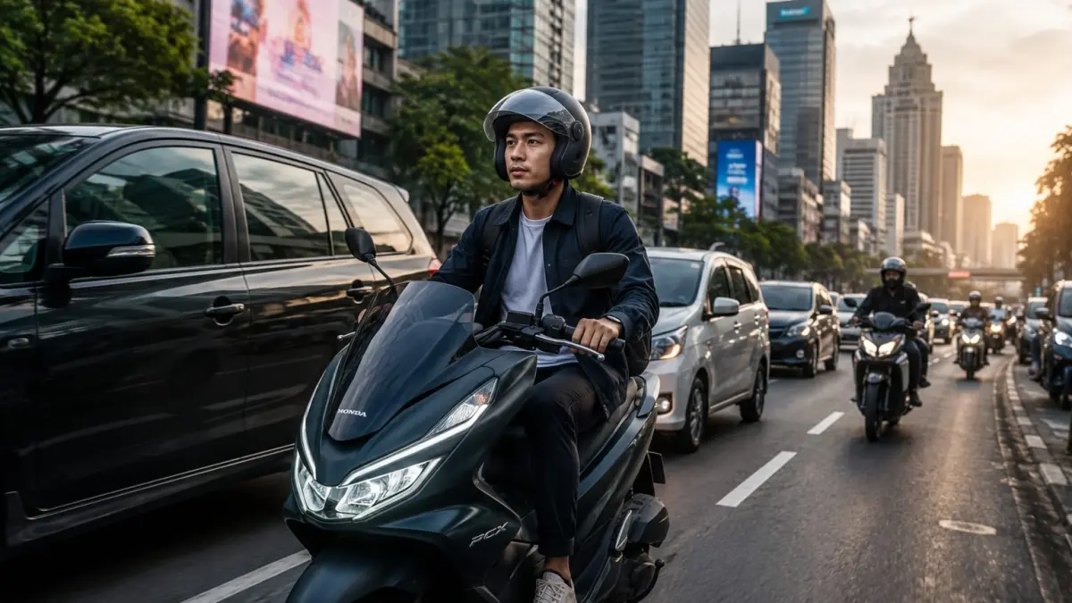 Ilustrasi: Seorang pengguna Honda PCX melintas ditengah jalanan kota yang padat. (ai/Sulistiono)