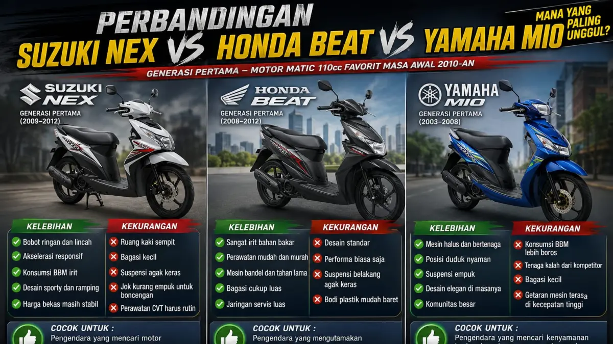 Ilustrasi: Perbandingan generasi pertama Suzuki Nex, Honda Beat dan Yamaha Mio. Suzuki Nex jadi sorotan setelah video viral pelaku pencurian tabung gas naik sepeda motor Suzuki Nex. (ai/Sulistiono)