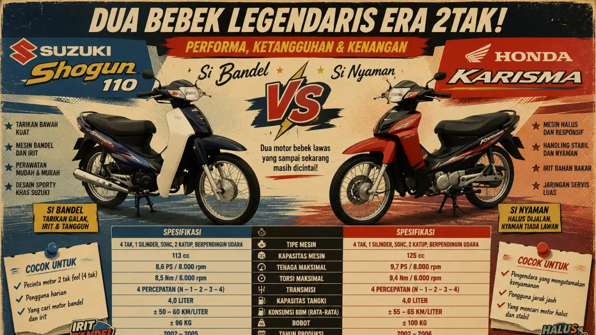 Kedua motor bebek legendaris ini, Suzuki Shogun dan Honda Karisma pernah "duel" di era kejayaannya. (ai/Sulistiono)