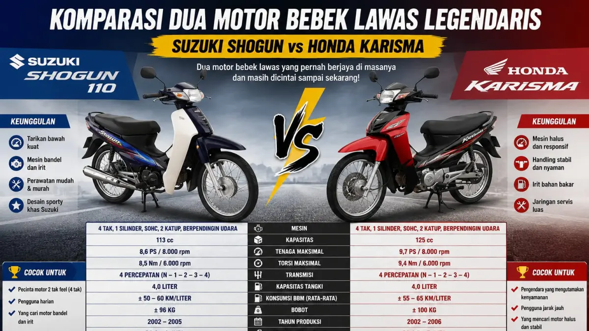 Suzuki Shogun dan Honda Karisma, dua motor bebek yang pernah saling berhadapan di pasar motor bebek Indonesia. (ai/Sulistiono)