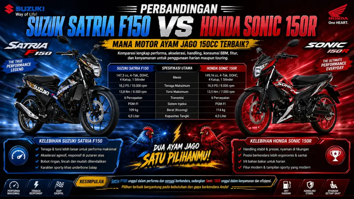 Di segmen motor ayam jago persaingan melibatkan Suzuki Satria F150 dan Honda Sonic 150R. (ai/Sulistiono)