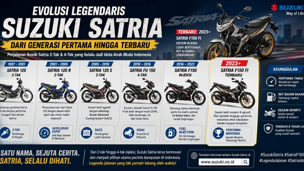 Suzuki Satria sejak awal kemunculannya yang masih menggunakan mesin 2-Tak hingga berevolusi menjadi 4-Tak. (ai/Sulistiono)