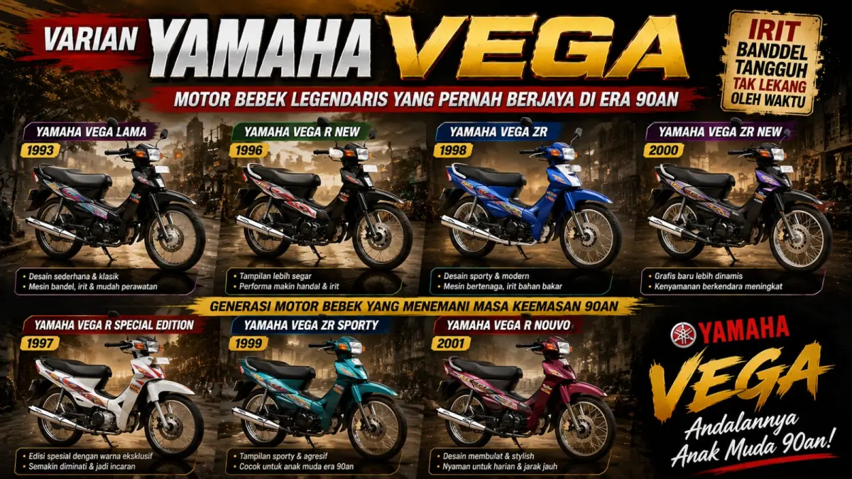 Ilustrasi: Beragam varian Yamaha Vega yang pernah berjaya sebagai motor bebek legendaris di Indonesia tahun 90"an. (ai/Sulistiono)