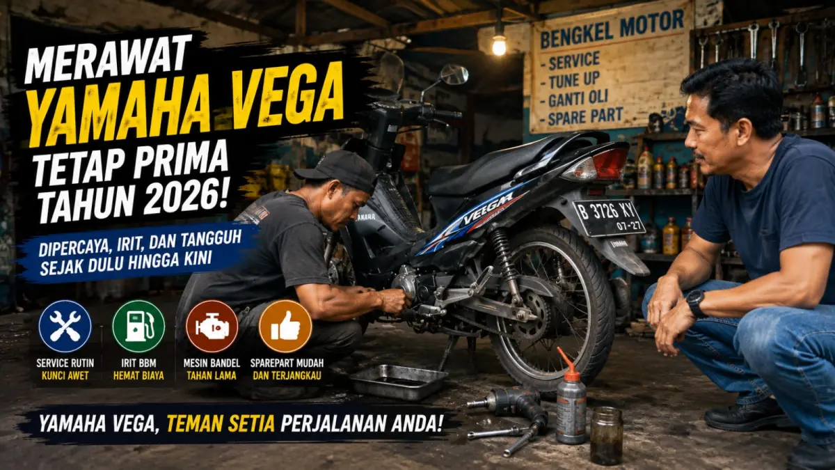 Ilustrasi: Seorang pria mengamati mekanik yang tengah menservice sepeda motornya, Yamaha Vega. (ai/Sulistiono)