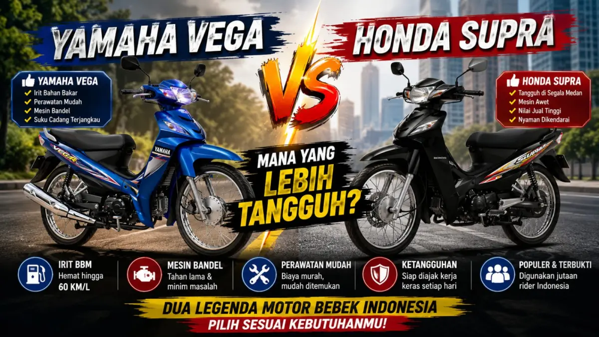 Ilustrasi: Yamaha Vega dan Honda Supra, dua motor bebek yang pernah bersaing ketat di era tahun 90"an-2000. (ai/Sulistiono)