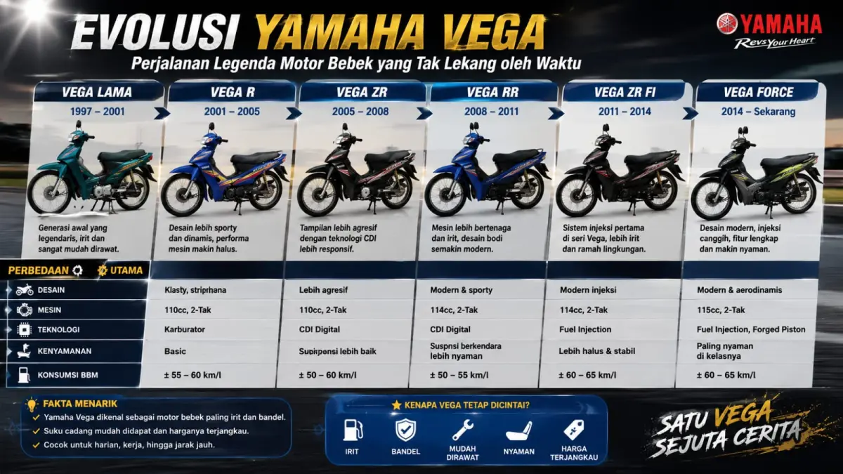 Ilustrasi Yamaha Vega dari Vega generasi pertama sampai generasi terakhir Yamaha Vega Force. (ai/Sulistiono)
