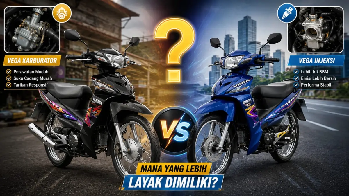 Ilustrasi: Yamaha Vega lawas mengusung teknologi mesin karburator, sementara Yamaha Vega Force dengan teknologi yang lebih modern, sistem injeksi. (ai/Sulistiono)