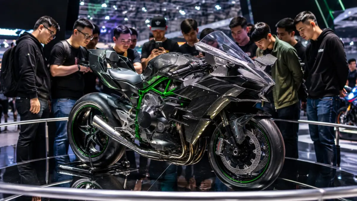 Ilustrasi: Beberapa orang pecinta otomotif tengah mengamati salah satu motor termahal di dunia, Kawasaki Ninja H2R. (ai/Sulistiono)