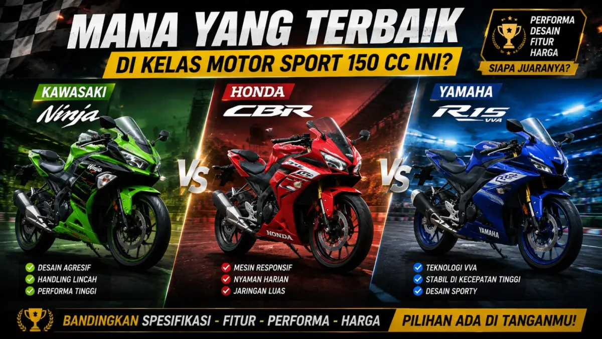 Ilustrasi: Pilih yang mana diantara ketiga motor sport produk Kawasaki, Honda atau Yamaha?. (ai/Sulistiono)