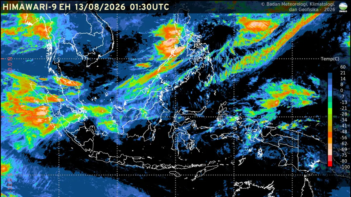 Prakiraan Cuaca BMKG Kamis 13 Agustus 2026: Waspada Hujan Lebat di Aceh dan Sumatera Barat. (BMKG)