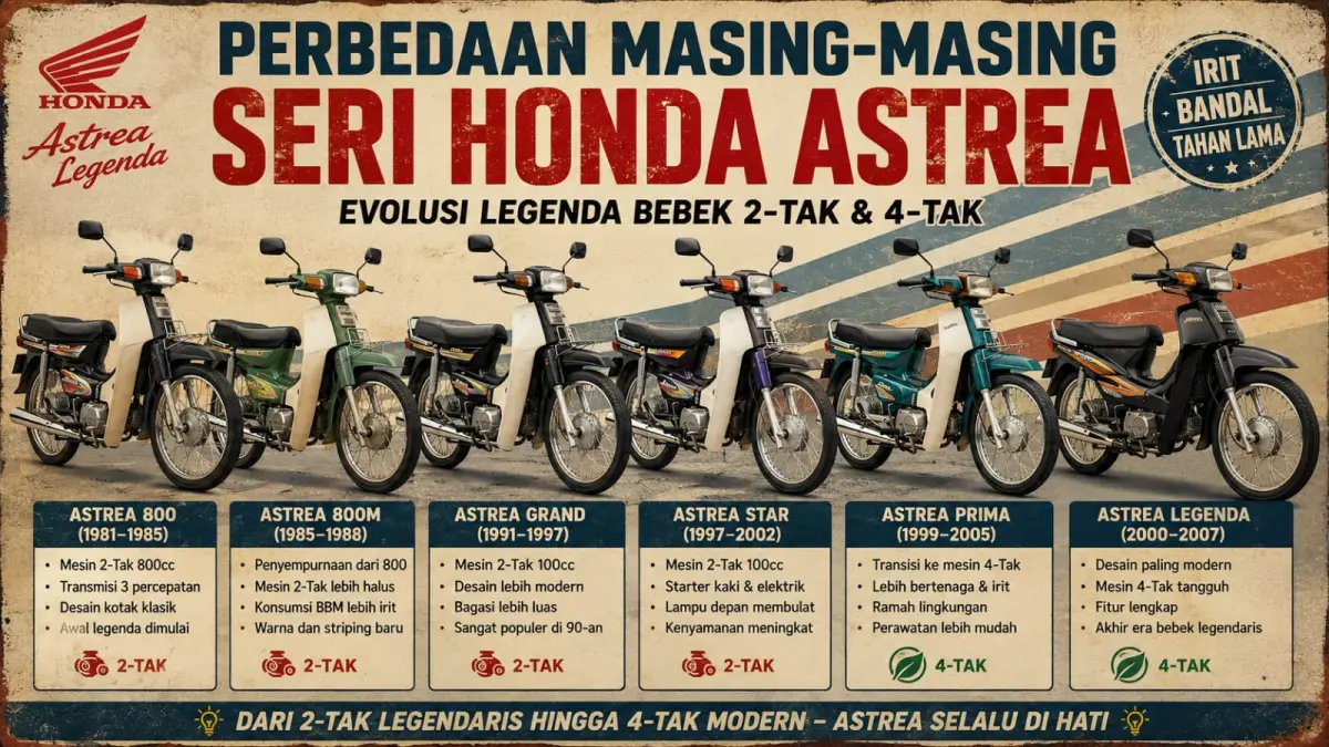 Ilustrasi; Beragam varian Honda Astrea, mulai dari generasi perrtama Honda Astrea 700 hingga seri terakhir Honda Legenda. (ai/Sulistiono)